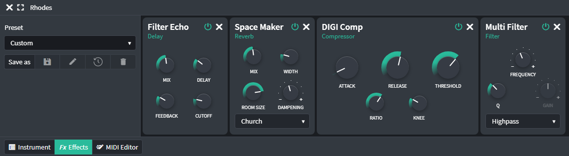 Bandlab effects panel for Rhodes piano