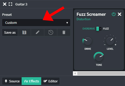 Bandlab interface - guitar presets dropdown menu