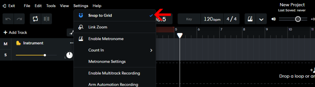 Screenshot showing the Bandlab Snap To Grid feature turned on.