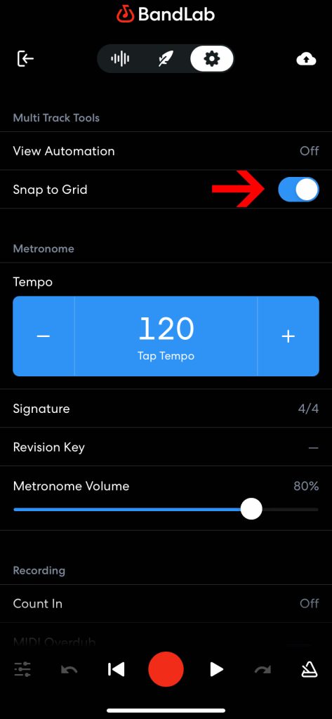 Screenshot of Snap To Grid in Bandlab Mobile turned on.