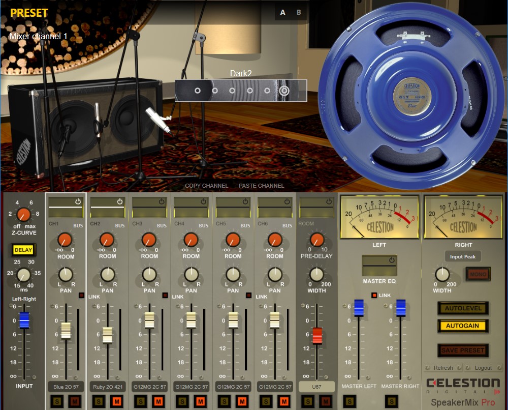 Screenshot showing Celestion's SpeakerMix Pro main dashboard with microphone adjustment settings