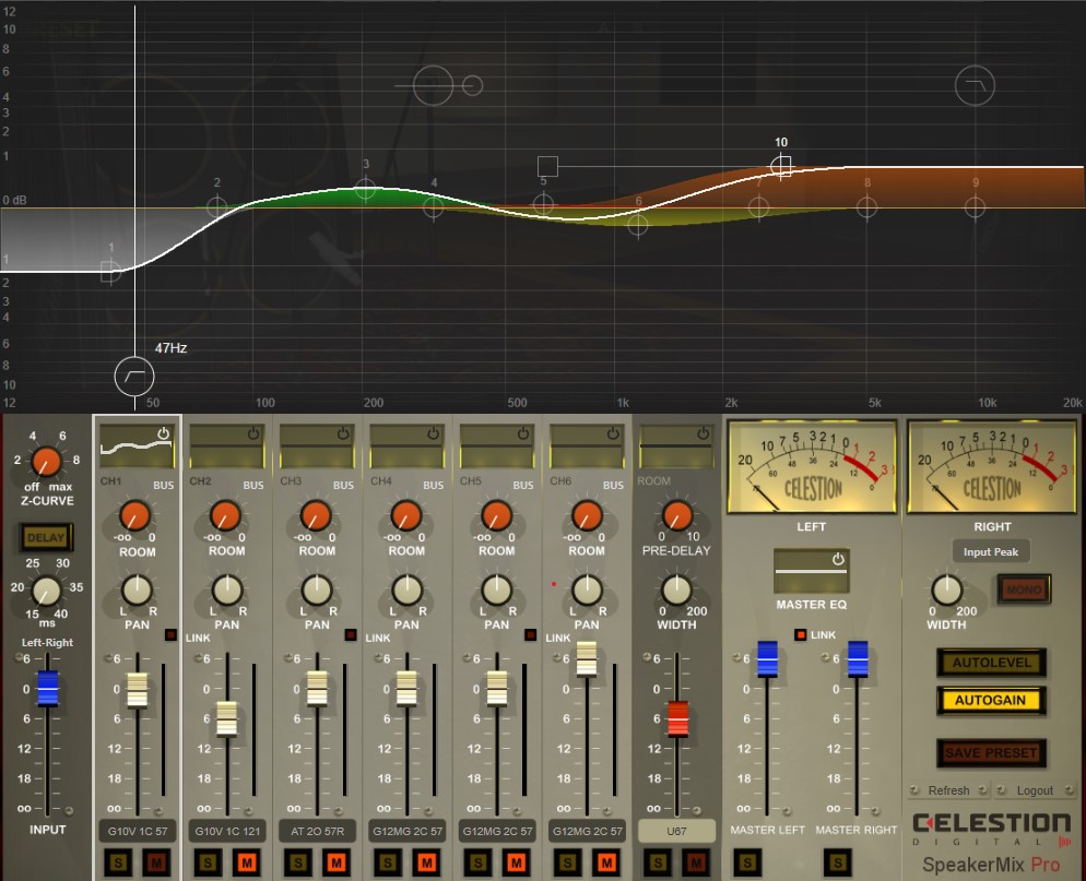 Screenshot of SpeakerMix Pro's parametric EQ with several nodes active including high shelf and low shelf.