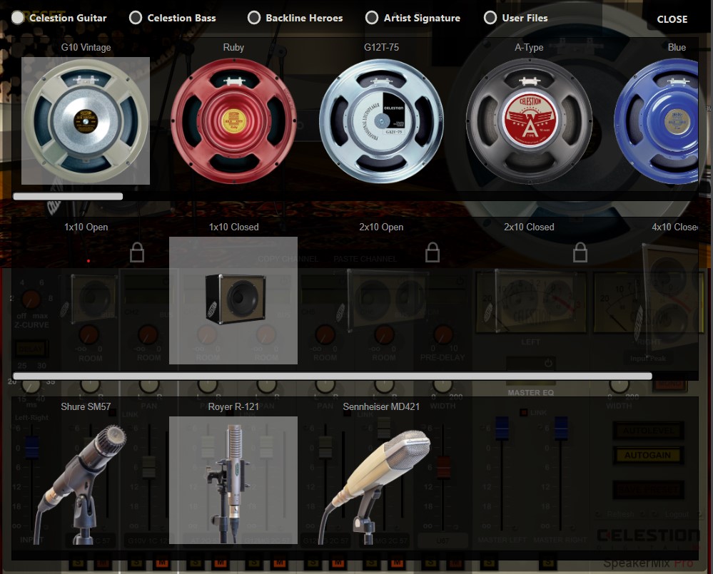 Screenshot of SpeakerMix Pro's intuitive interface showing speaker, cabinet, and mic selection.