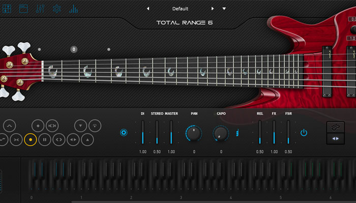 Screenshot of Ample Bass Guitar TR6 showing bass fretboard, effects, and faders.