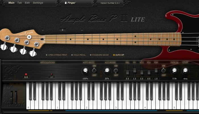 Ample Bass P Lite screenshot showing full bass fretboard and piano roll