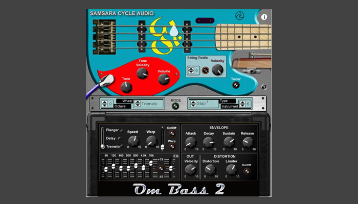 OMB2 Bass Screenshot showing Envelope and Distortion seettings with faders and EQ