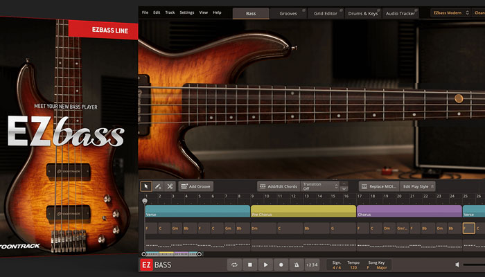 EZBass by Toontrack showing box art and screenshot of actual plugin