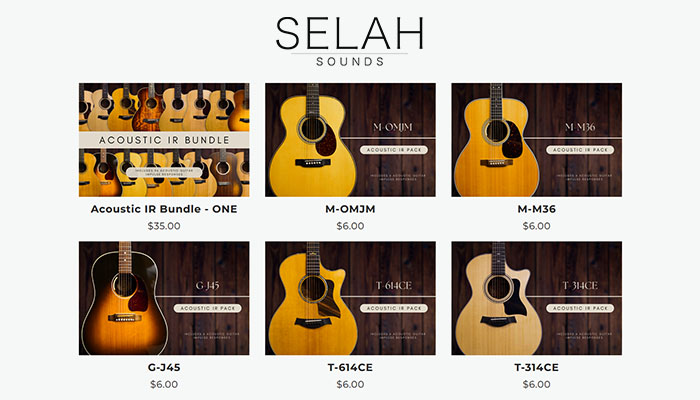 Screenshot of Selah Sounds acoustic IR web store showing various acoustic impulse response packs