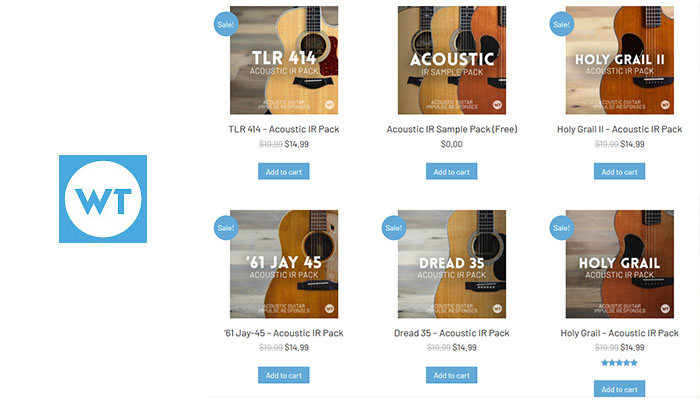 Screenshot of Worship Tutorials Website showing various acoustic impulse response packs available