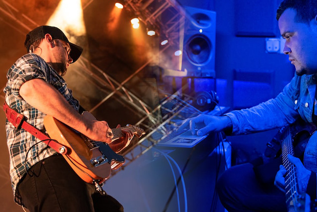 Composite image showing a guitarist on stage and a guitarist in the studio