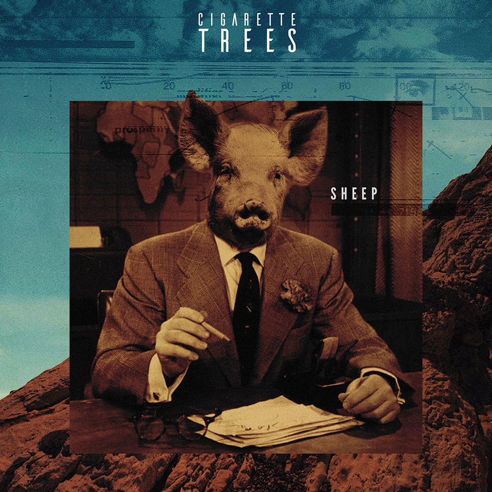 Single artwork for Sheep by Cigarette Trees featuring a pig in a suit signing papers